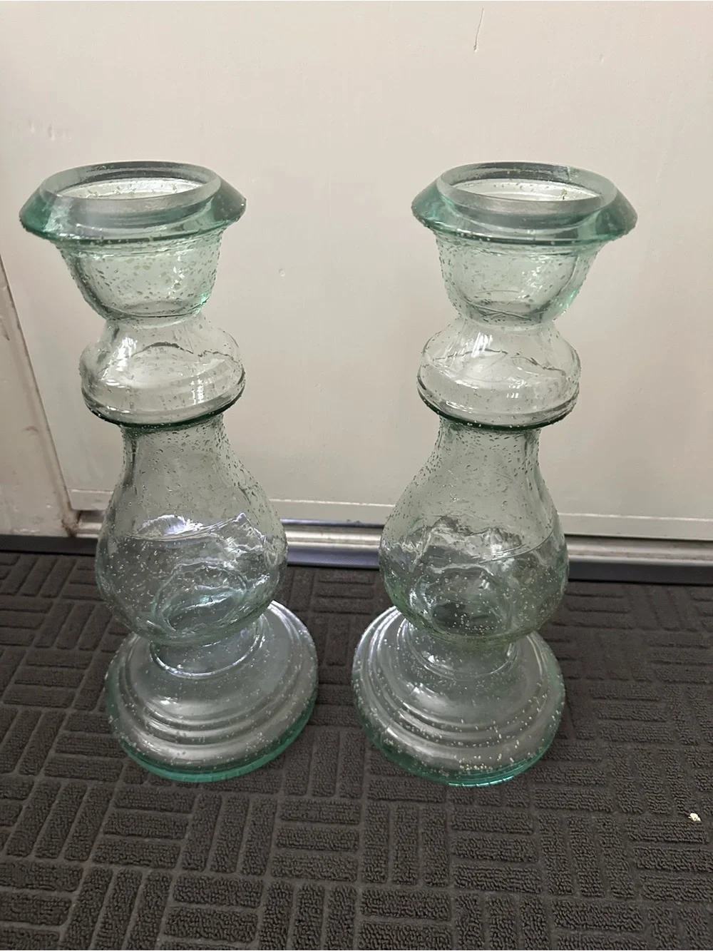 Clear Green Glass Pair Candle Holders - Home Accents